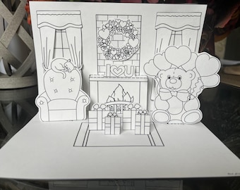 St.Valentine's gifts, fireplace, bear, room easy coloring printable pages digital download kids activity sheets DIY diorama/easy pop up card