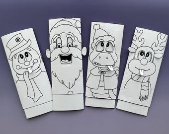 2D Christmas animated puppets Santa Claus, Reindeer, Snowman, Snake, printable coloring sheets, kids activity, DIY digital download project