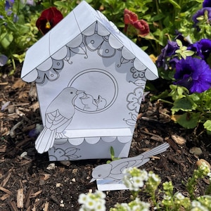 Vogelhäuschen mit Vögeln und kleinen Küken 3D Papier Bastelprojekt, einfach DIY Ausmalseiten zum Ausdrucken. Digitaler Download der Kinder Aktivitätsblätter