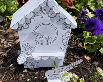 Birdhouses with birds and little chicks 3D paper craft project, easy DIY coloring printable pages. digital download kids activity sheets