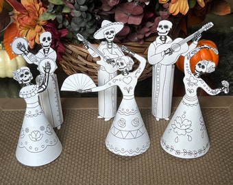 Squelettes dansants, pages imprimables faciles à colorier, téléchargement numérique, feuilles d'activités pour enfants, créations en papier pour Halloween ou le jour des morts