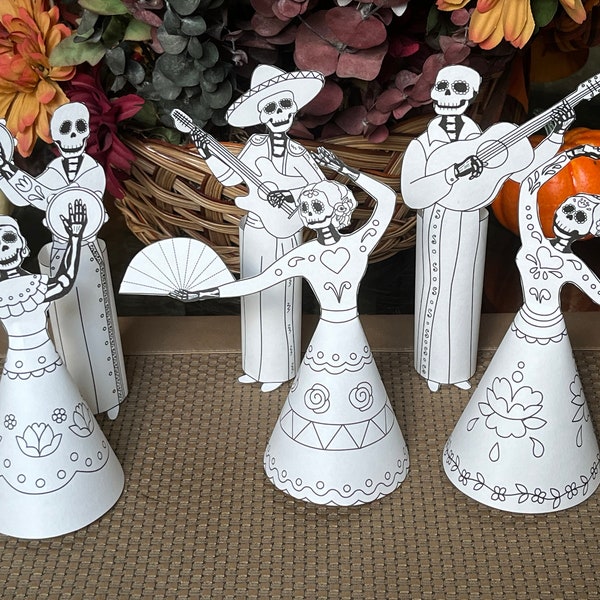 Dancing skeletons, easy DIY coloring printable pages, digital download, kids activity sheets, paper craft for Halloween or Day of The Dead