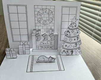 Christmas tree, fireplace, room, gifts easy coloring printable pages, digital download, kids activity sheets, DIY, diorama/ easy pop up card