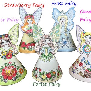 Paper Fairy dolls Five printable coloring 3D figures, easy DIY paper craft kit, kids activity project, digital download