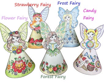 Paper Fairy dolls Five printable coloring 3D figures, easy DIY paper craft kit, kids activity project, digital download