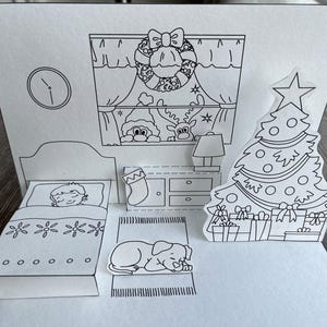 Stanza di Natale, albero, letto, bambino, cane, cervo, Babbo Natale, pagine da colorare stampabili facili, download digitale, schede di attività per bambini, biglietto pop-up fai da te