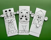 2D animal puppets animated giraffe, hippo, monkey,  printable coloring kids activity, DIY, art and craft, digital download project paper toy