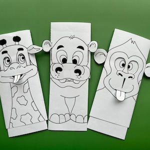 2D-djurdockor animerad giraff, flodhäst, apa, utskrivbar målarbok för barn, gör-det-själv, konst och pyssel, digital nedladdning projektpappersleksak