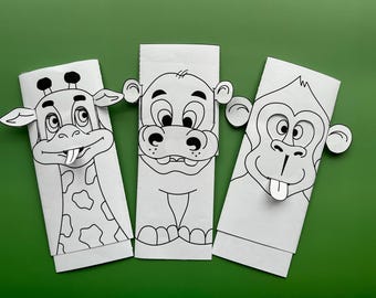 2D animal puppets animated giraffe, hippo, monkey,  printable coloring kids activity, DIY, art and craft, digital download project paper toy