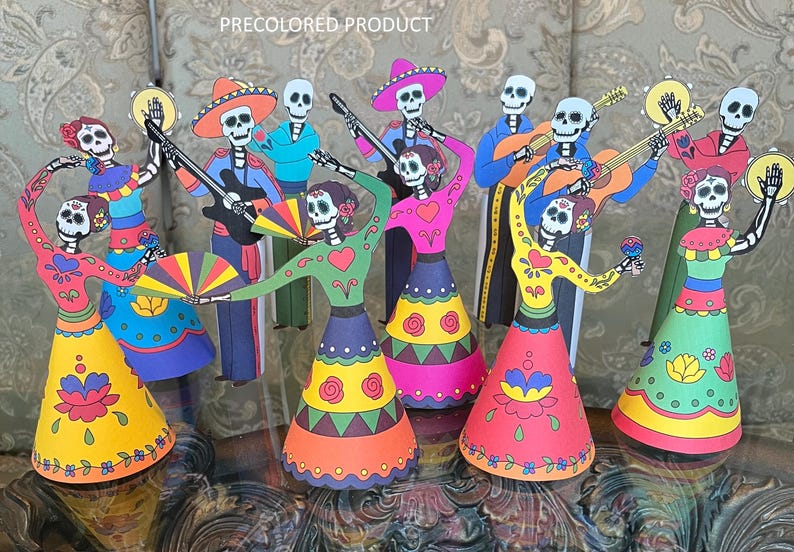 Dancing skeletons 12 figures, easy DIY printable pages, digital download, kids activity sheets, paper craft for Halloween or Day of The Dead image 1
