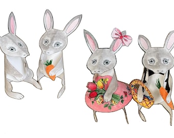 Bunny Rabbits plane/dressed up paper animals DIY 3D figures printable coloring templates, kids craft sheets and tutorial, digital download