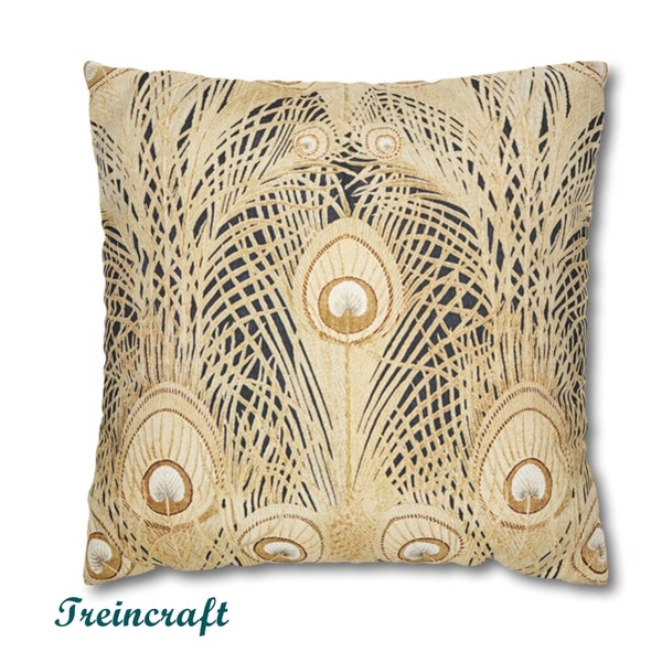 Cream Peacock Feather Designer Pillow Cover, Christopher Dresser, British Aesthetic Movement, Cover Only, Available in Four Sizes