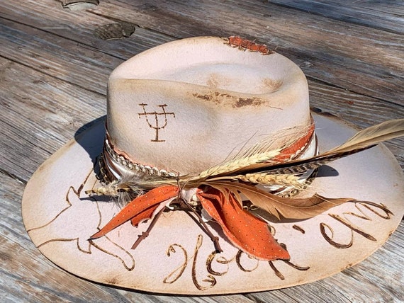 Beige burned Wide-Brim Felt Hat Hand Burned Fedora, Beige Ombré Wool Felt Hat, Floral  main image 3