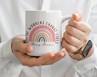 Custom Social Worker Mug, Rainbow Design, Personalized Gift