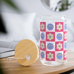 Smiley Face Glass Cup: Floral Design, Bamboo Lid & Straw