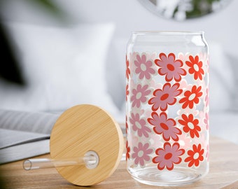 Daisy Glass Tumbler, Iced Coffee Glass, Retro Flower Iced Coffee Cup, Daisy Glass Cup, Iced Coffee Cup, Bridal Shower Gifts, Christmas Gifts