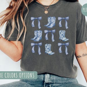 Coquette Boot and Bow shirt, Women Graphic Tee,Trendy Fashion Tee, boots and bows teeShirt,Chinoiserie Cowgirl Shirt, Coquette Cowgirl Shirt