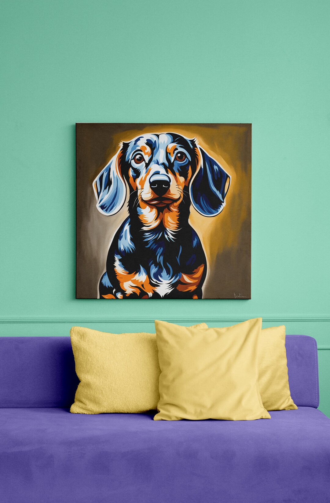 Dachshund Delight: Miniature Wiener Dog Portrait, Oil Painting, Pet