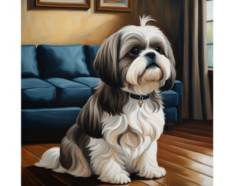 Majestic Shih Tzu Oil Painting - Elegant Dog Art for Living Room Decor, Pet Lover Gift, Hand-Painted Canine Portrait