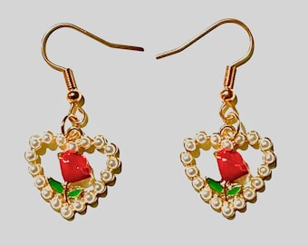 Rose Heart Beauty and the Beast Inspired Charm Earrings Bead Handmade Jewellery