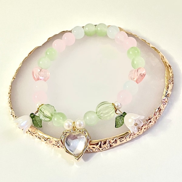 Flora Inspired Green & Pink Handmade Jewelry Bead Bracelet