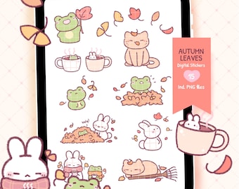 Può includere: Adesivi digitali con animali dei cartoni animati e foglie d'autunno. Gli adesivi includono rane, gatti e conigli con elementi a tema autunnale, come tazze di cacao e cumuli di foglie. Il testo "Autumn Leaves" e "15 Ind. PNG files" sono visibili.