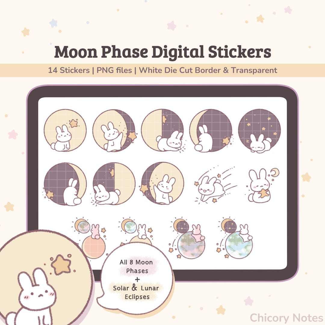 Moon Sticker Apple Cute Moon Phase Digital Stickers | Lunar Calendar, Stargazing Stickers ...
