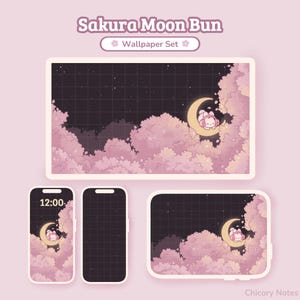 以下が含まれることがあります： ピンク色の雲と星空を背景に、三日月の上にいるかわいいウサギのキャラクターが描かれたデジタル壁紙セット。タブレット、携帯電話、その他のデバイス用のデザインが含まれています。「Sakura Moon Bun」と「Wallpaper Set」の文字が上部に表示されています。