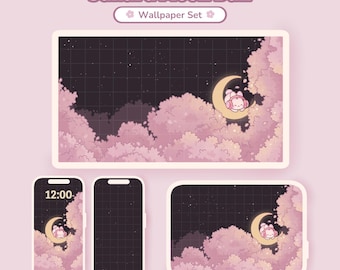 Sakura Moon Bun Digital Wallpaper Set | Cute, Cherry Blossom Wallpaper for Phone, Tablet, Desktop | Hand-drawn