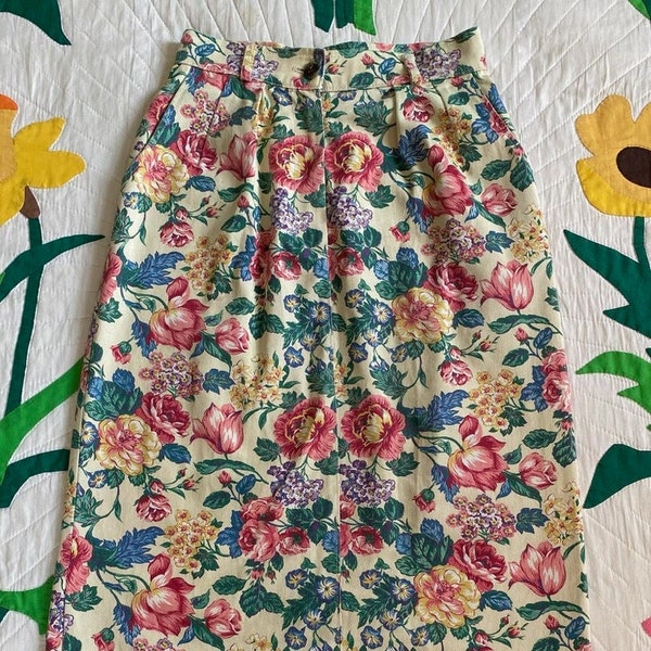 90s Midi Denim Floral Pencil Skirt, US 6