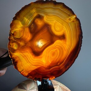 May include: A circular, translucent agate slice featuring concentric bands of amber, gold, and deep brown hues. The stone is backlit, highlighting its natural crystalline structure and organic patterns, and is mounted on a black metal stand.
