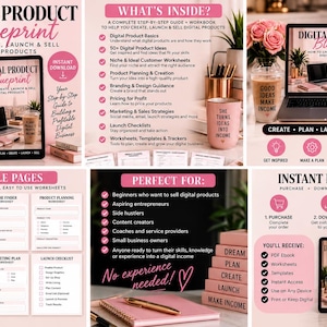 Op de afbeelding: Een digitale product blueprint gids met stapsgewijze instructies, werkbladen en sjablonen voor het creëren, lanceren en verkopen van digitale producten. De lay-out bevat tekst, iconen en afbeeldingen van een laptop, notitieboek en pen.
