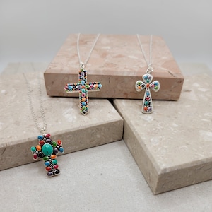 Silver Cross Necklace, Cross Pendant Necklace, Colorful Cross Pendant, Dainty Cross, 3D Cross, Southwestern Jewelry, Gifts for Her