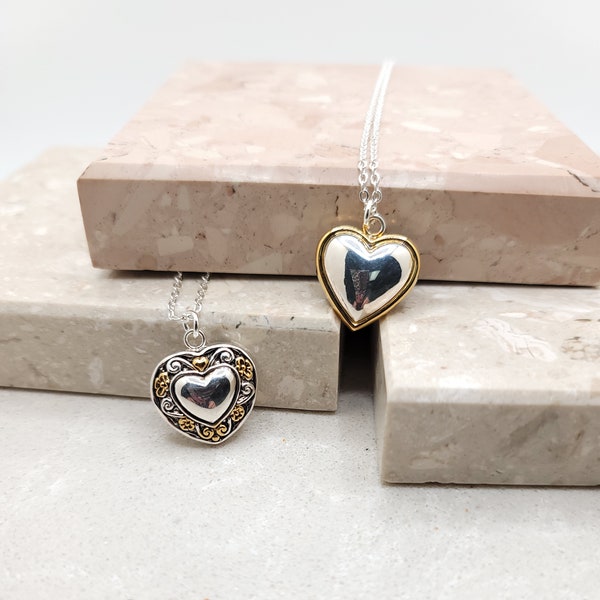 Two Tone Heart Necklace, Puffy Heart Pendant Necklace, Volume Heart Necklace, Dainty Heart Necklace, Valentine Gifts