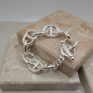 Silver Mariner Chain Bracelet, Anchor Link Chain Bracelet, Puffed Anchor H Link, Mariner Link Bracelet, Anchor Link Chain Toggle Bracelet