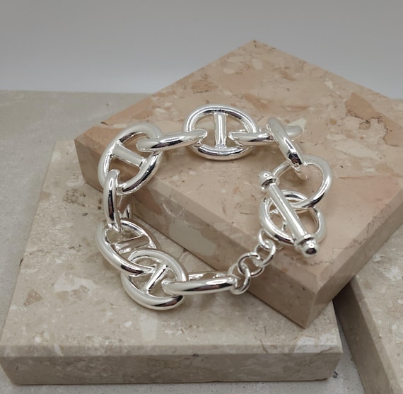 Silver Mariner Chain Bracelet, Anchor Link Chain Bracelet, Puffed Anchor H Link, Mariner Link Bracelet, Anchor Link Chain Toggle Bracelet