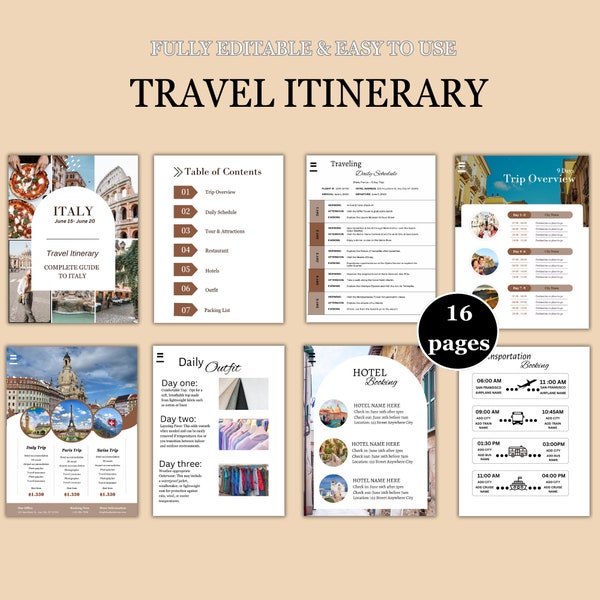 Editable Travel Itinerary Template, Trip Itinerary, Printable Travel Guide, Travel Agent Planner, Holiday Honeymoon Vacation Planner.