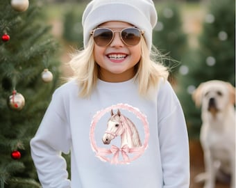 Pink Watercolor Horse Youth Sweatshirt | Pony Portrait, Ribbon Circle
