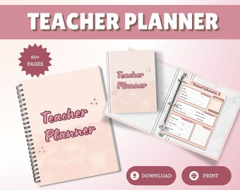 May include: A teacher planner with the words "Teacher Planner" in a pink script font. The planner is shown in three formats: a spiral-bound notebook, a small notebook, and a binder. The image also includes the text "60+ pages".