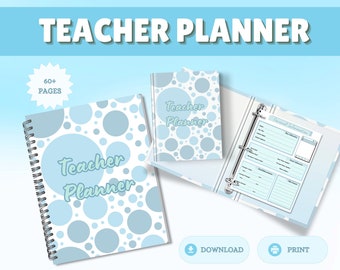 May include: A teacher planner with a light blue polka dot design. The planner includes a spiral-bound notebook, a smaller notebook, and a binder with a personal information page. The words "Teacher Planner" are written on the cover.
