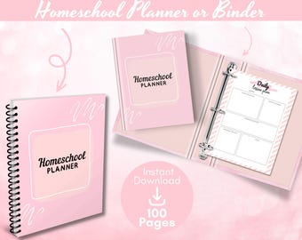 May include: A pink homeschool planner with a spiral binding and a matching pink binder containing a daily lesson plan page. The text on the covers reads Homeschool Planner, and the internal page features the text Daily lesson plan and 100 Pages.