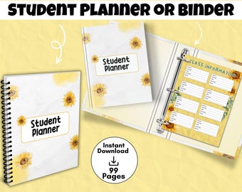 May include: A student planner and binder set featuring a white background with yellow sunflower illustrations. The planner has a black spiral binding and the text Student Planner. The binder contains a page with the text Class Information.