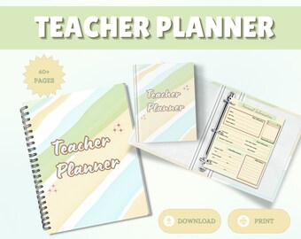 May include: A teacher planner with a spiral binding, a smaller notebook, and a binder. The planner has a pastel color scheme with the words "Teacher Planner" on the cover. The image also includes the words "Download" and "Print".