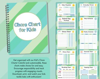 May include: A green and blue striped notebook with the title "Chore Chart for Kids". The notebook includes printable chore charts for kids with colourful illustrations and titles like "Daily Checklist", "School Day Checklist", "Chore Chart", "Weekly Schedule", "Brushing Chart", and "Cleaning Chart".