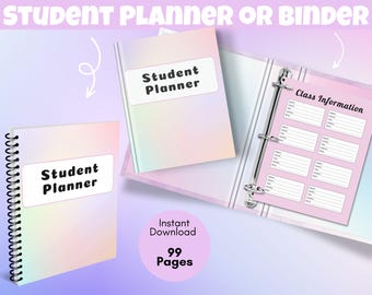 May include: A student planner set featuring a spiral-bound notebook and a three-ring binder with a pastel gradient cover. The covers display the text Student Planner. The open binder shows a pink Class Information page with multiple blank lines.