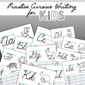 May include: A collection of white practice sheets for cursive writing for kids, featuring black printed letters of the alphabet, blue and red guide lines, and line art illustrations of animals like a jaguar, goat, and kangaroo.