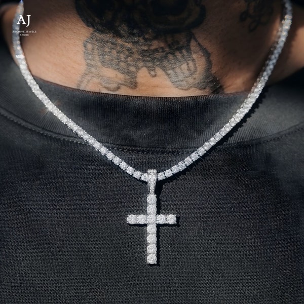 Mens Silver tennis chain cross necklace, 4mm pendant necklace, iced out bling necklaces, Hip Hop Jewelry fashion, gift for him