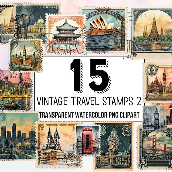 Vintage International Travel Stamps Vol.2  Clipart Pack, Timeless Travel Nostalgia - Retro Passport Stamp Graphics , Vintage Postage Stamps