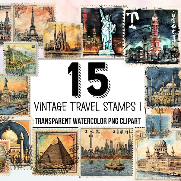 Vintage International Travel Stamps Vol.1  Clipart Pack, Timeless Travel Nostalgia - Retro Passport Stamp Graphics , Vintage Postage Stamps