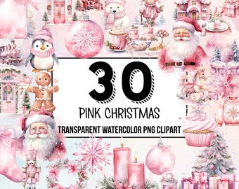 Pink Christmas Digital Clipart Pack, Traditional Christmas Decor, Digital Planner, Junk Journaling, Watercolor, Commercial Use, Sublimation